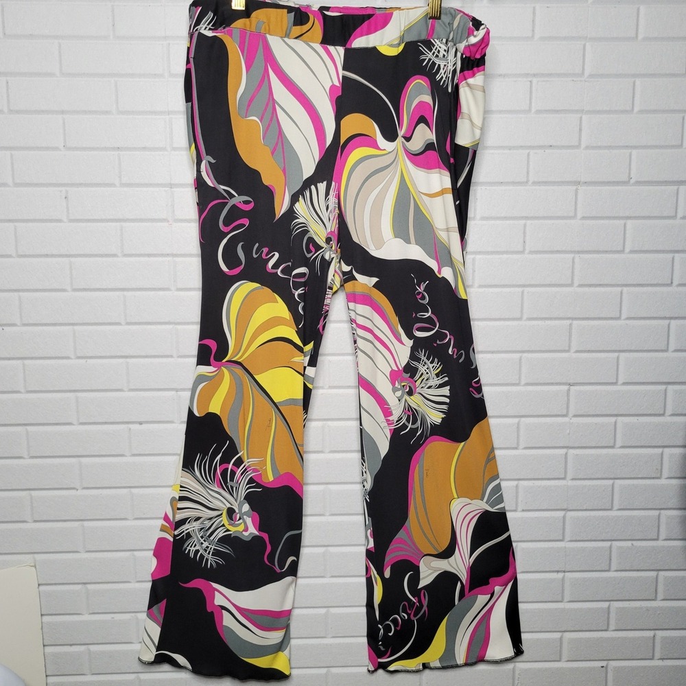 Emilio Pucci Italian Silk Blend Wide Leg Abstract Print Pants Pink Yellow 12 - Picture 2 of 13